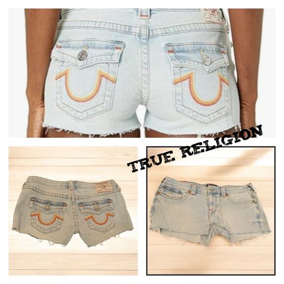 New TRUE RELIGION Joey Low Rise Cut Off Denim Jean Shorts Flap Pockets Women 30